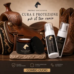 Combo-cuoio immagine con prodotti cuoio con sfondo una sella e stivali